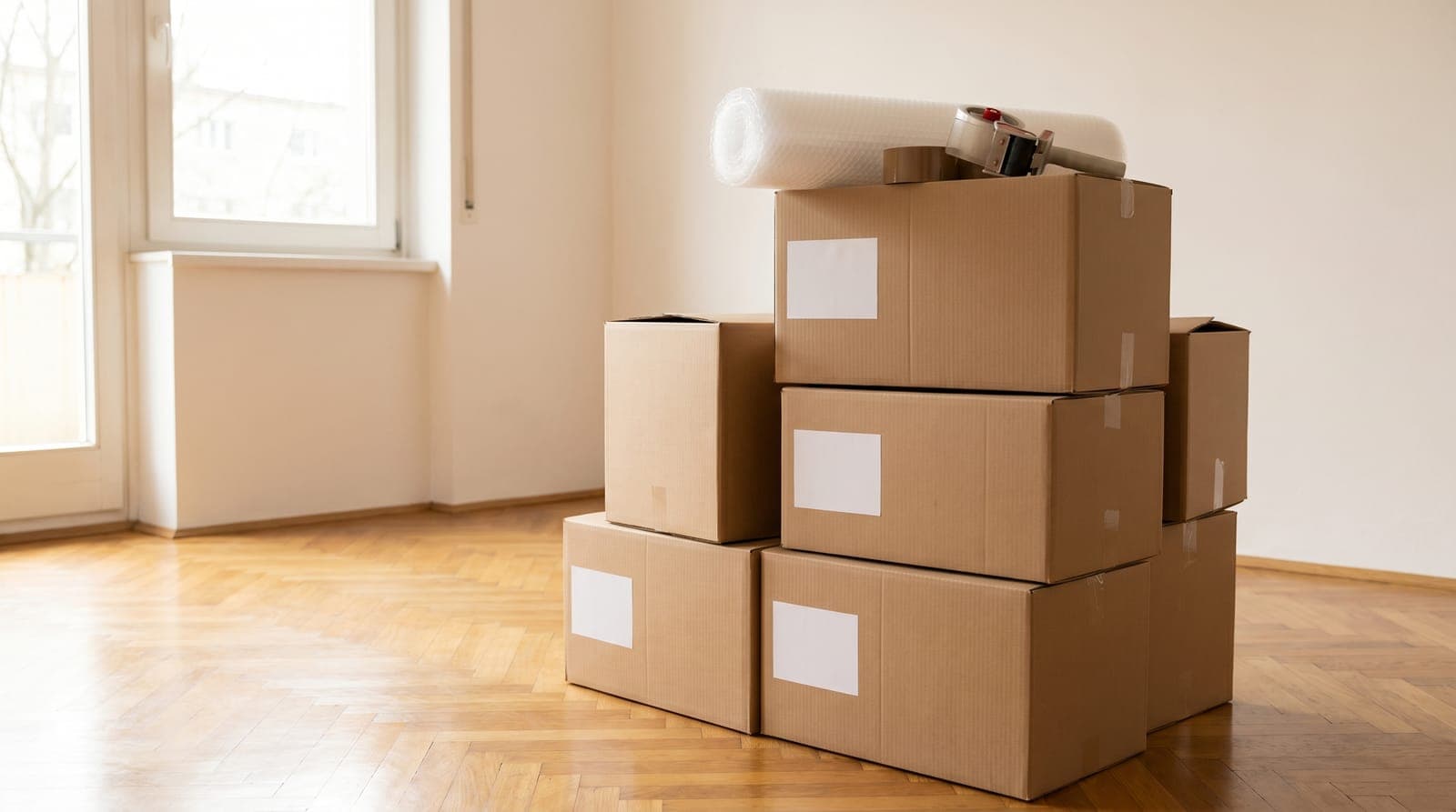 Cajas de mudanza etiquetadas y apiladas con papel burbuja y cinta de embalar