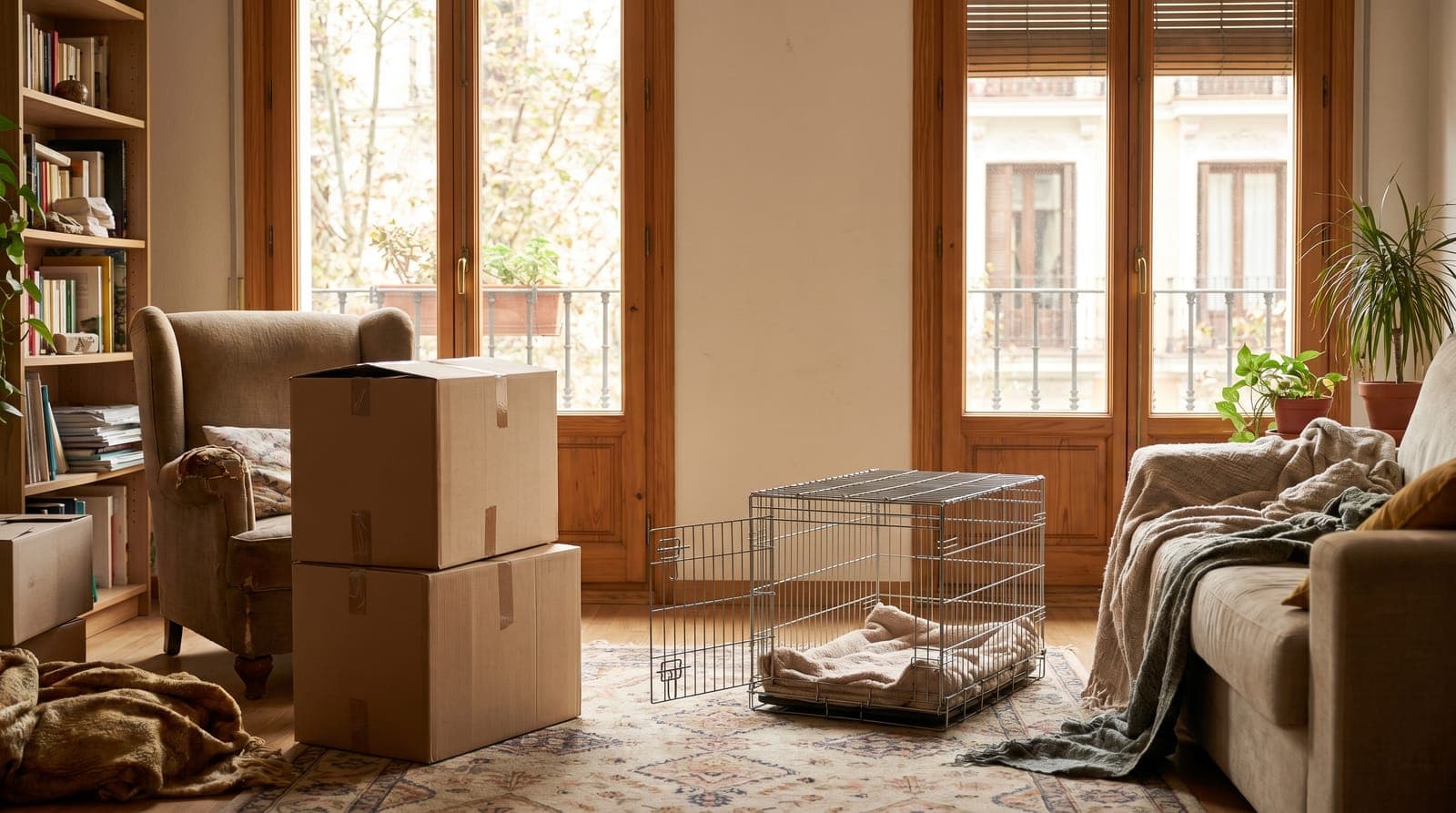 Salón de Madrid en mudanza con cajas y un transportín de mascota abierto