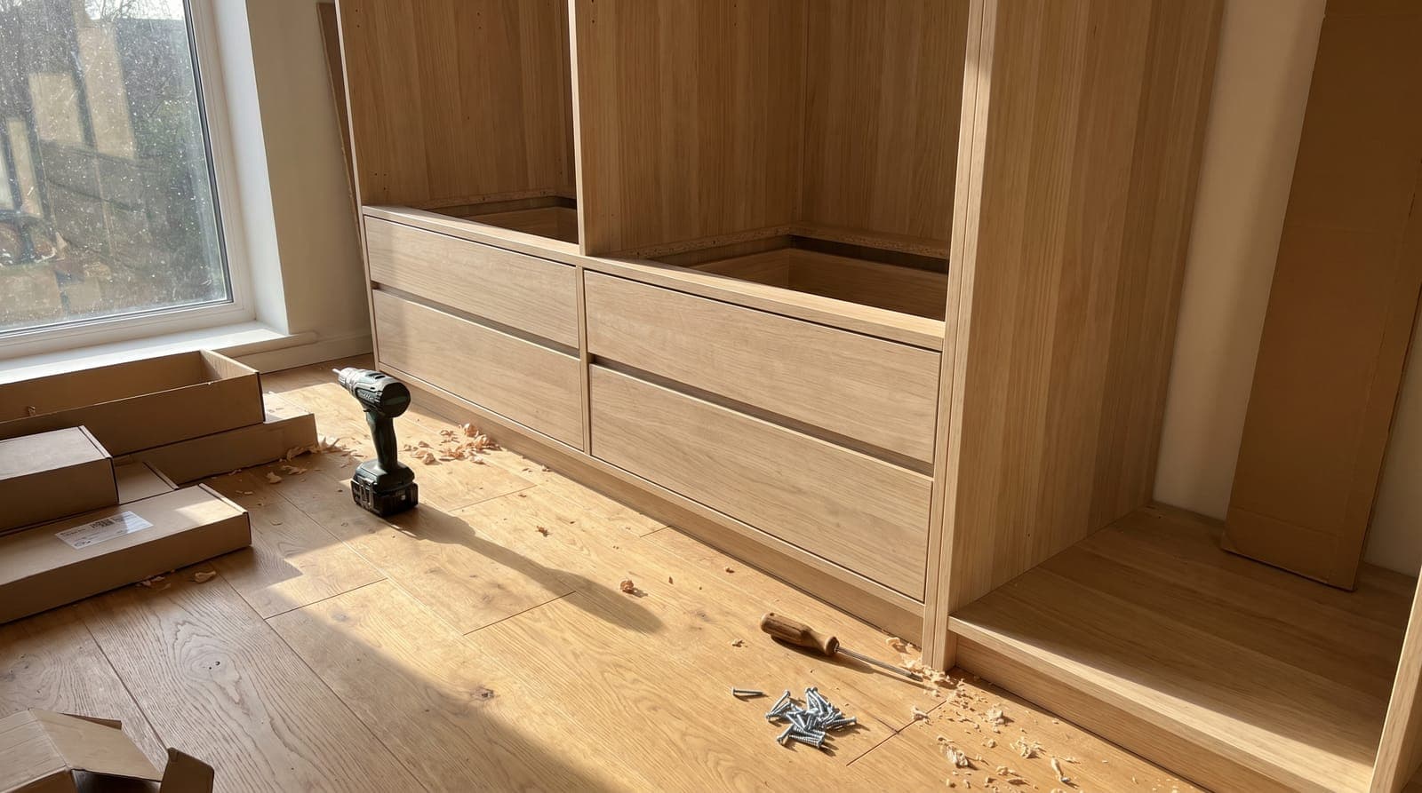 Armario a medio montar con taladro y destornillador sobre suelo de madera