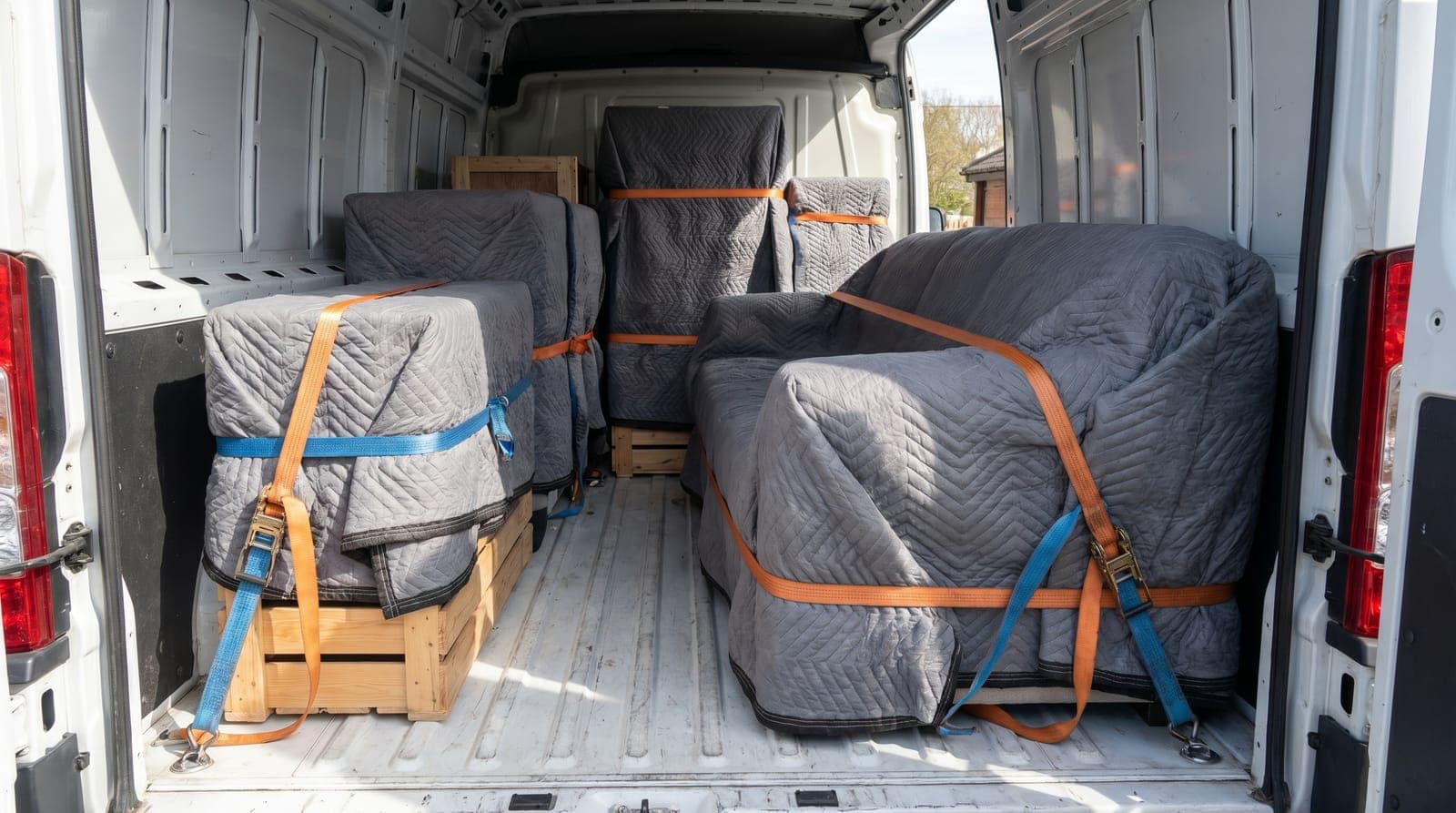 Muebles envueltos en mantas de mudanza y sujetos con correas dentro de la furgoneta
