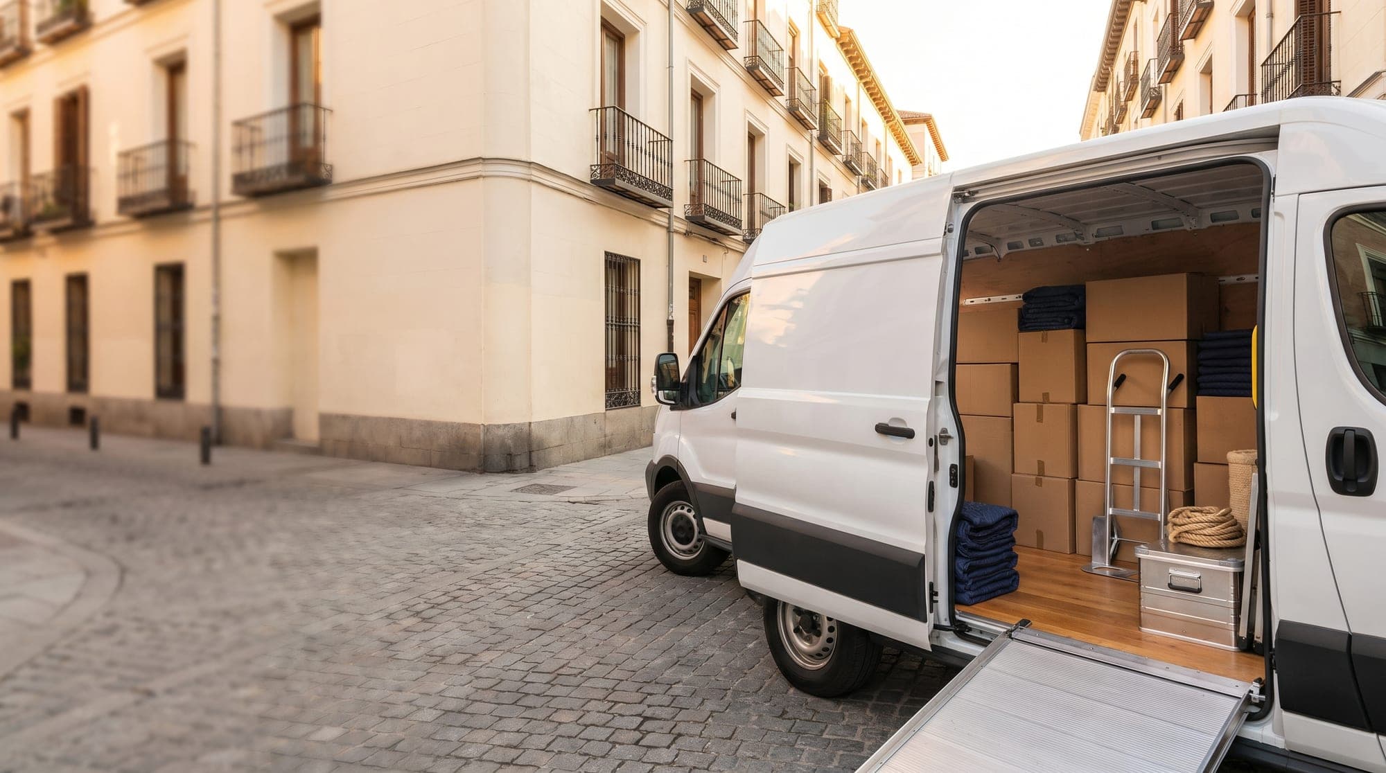 Furgoneta de Alvicar cargada con cajas y muebles en una calle de Madrid