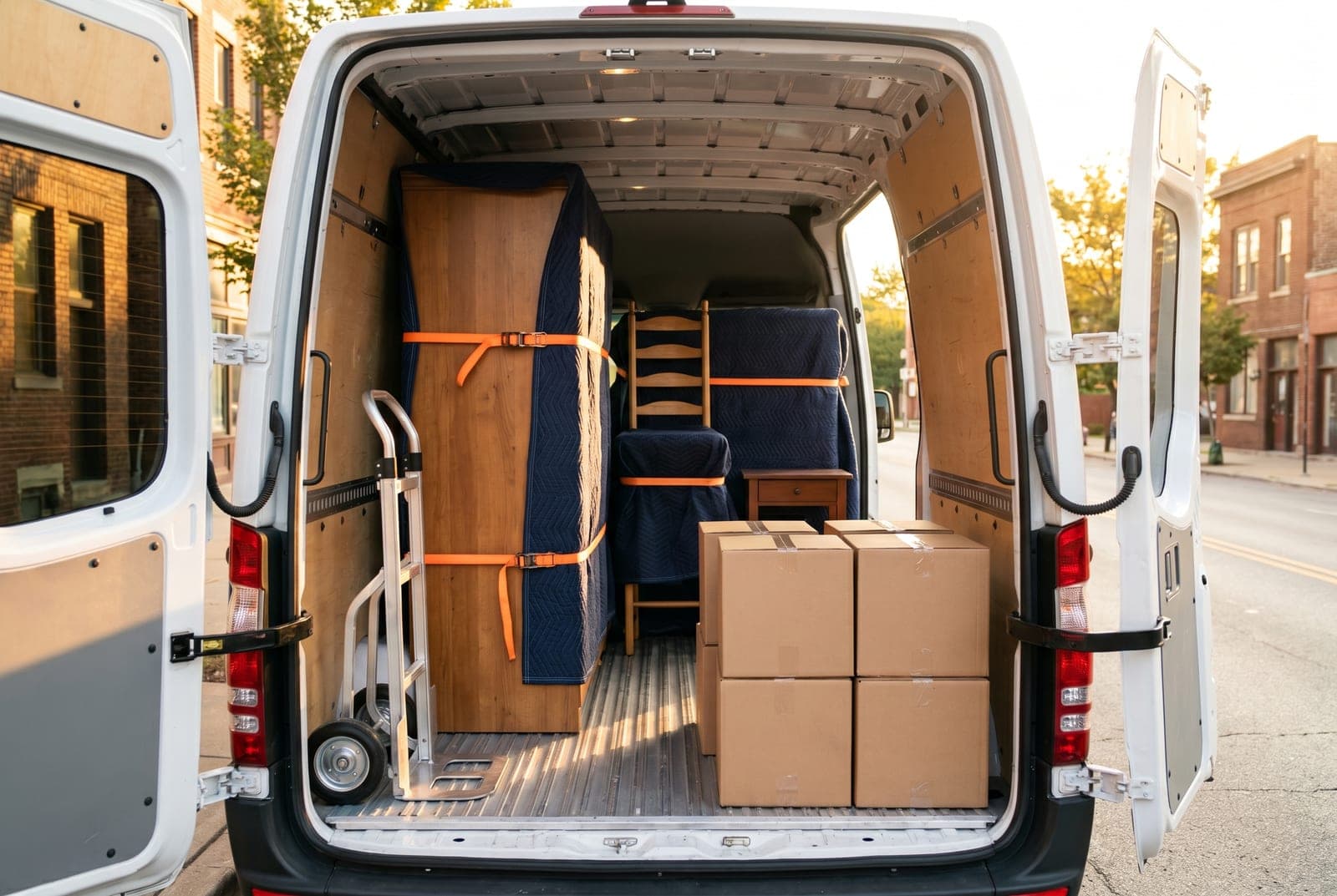 Interior de la furgoneta de Alvicar con muebles envueltos en mantas, sujetos con correas y cajas listas para el transporte